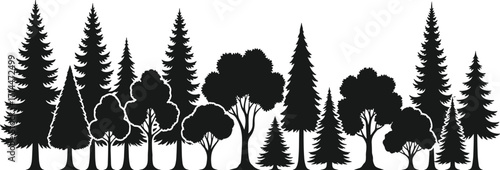 Row of various tree silhouettes including conifer and broadleaf types, black vector illustration for forest, nature, and landscape design themes