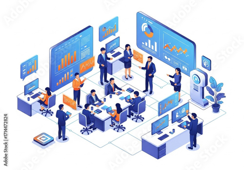 Isometric Business Teamwork and Data Analysis Vector Illustration