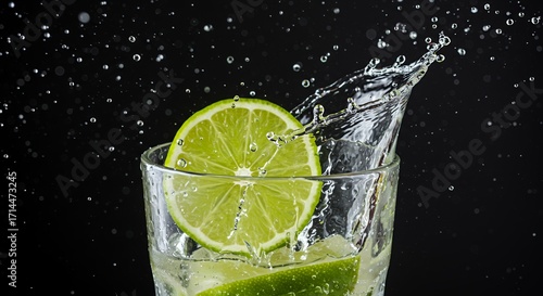 Lemon slice splashing into a glass of clear water creating ripples and bubbles with a black background and water droplets in mid-air capture of fresh citrus beverage