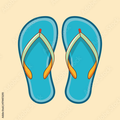 Pair of cartoon blue flip flops on an orange background illustration