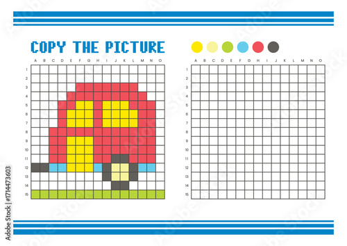 Copy the picture grid drawing worksheet for kids. Pixel art trailer