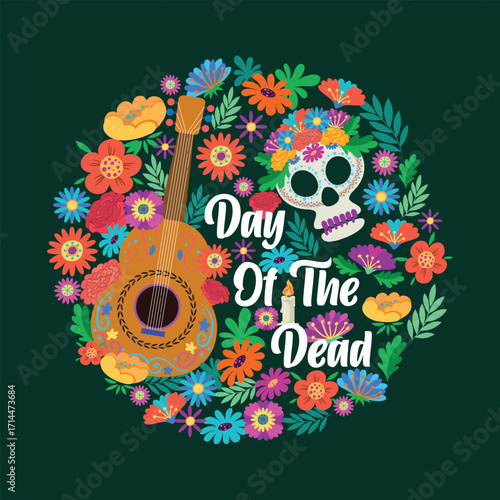 Day of the Dead Illustration with Guitar, Sugar Skull, Flowers and Candle