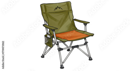Olive green camping chair with orange cushion, side pocket, and aluminum frame, shown in a studio flat lay, conveying a relaxed outdoor mood.
