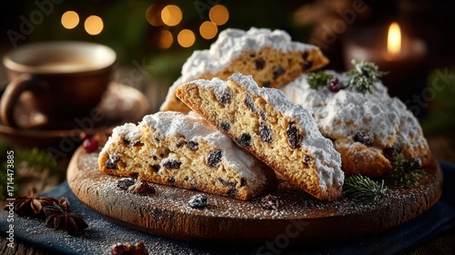 Traditional German Christmas Stollen cookies dusted with powdered sugar are arranged with coffee and festive lights for a 4-giga-standard v2-4x celebration.