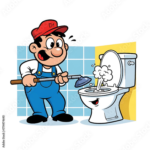Cartoon Plumber Unclogging Toilet with Plunger Illustration, Plumbing Repair Concept