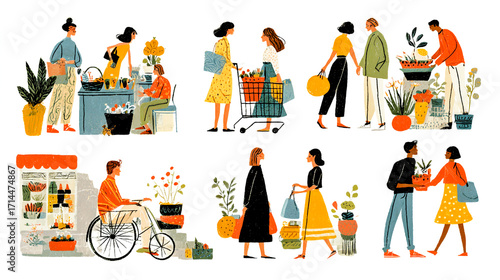 A colorful drawing of several small scenes depicting people shopping in different places