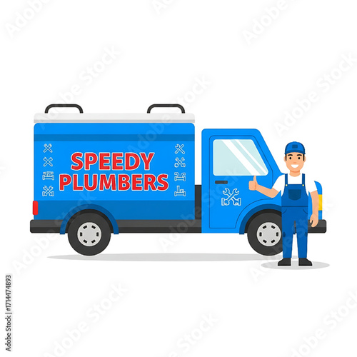 Vector illustration of a Speedy Plumbers truck with a friendly plumber character