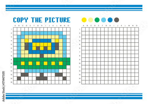 Copy the picture grid drawing worksheet for kids. Pixel art alien robots