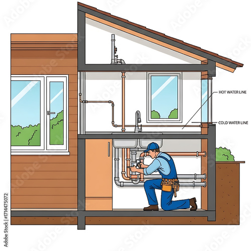 Plumber Inspecting Kitchen Plumbing in a Cross-Sectional Illustration