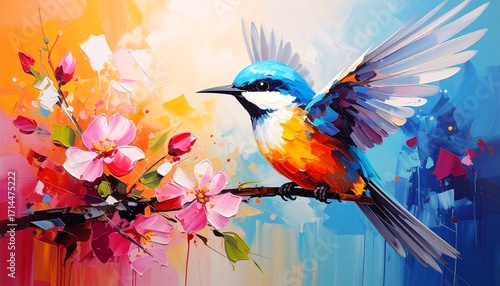 Abstract colorful oil, acrylic painting of bird and spring flower. Modern art paintings brush stroke on canvas.