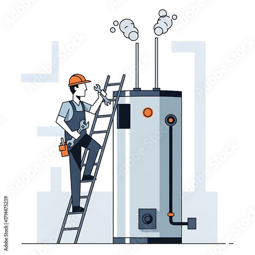 Plumber repairing water heater with tools and ladder, home maintenance concept