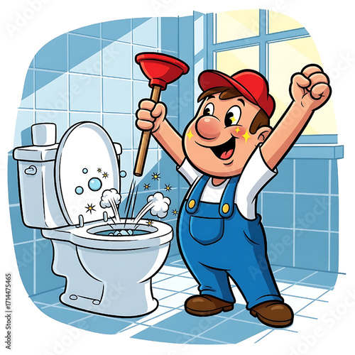 Happy Plumber Fixing Clogged Toilet with Plunger Cartoon Illustration