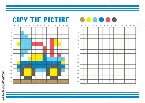 Copy the picture grid drawing worksheet for kids. Pixel art satellite