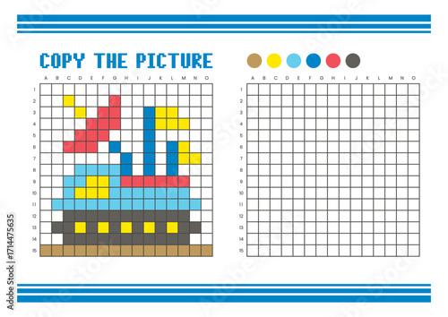 Copy the picture grid drawing worksheet for kids. Pixel art satellite