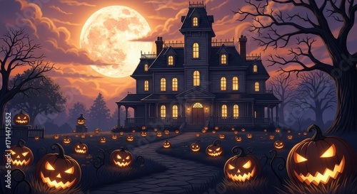 Spooky Halloween Night Haunted Mansion Full Moon Pumpkin Patch