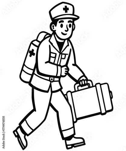 Cartoon illustration of a man with a suitcase and a bag wearing a hat representing a business worker or tourist character