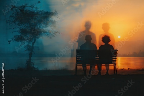 Conceptual video of elderly couple on bench at sunset, younger selves appear as transparent silhouettes symbolizing overlapping timelines