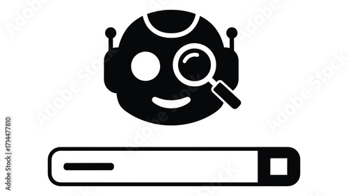 Robot head with magnifying glass and search bar isolated on white background