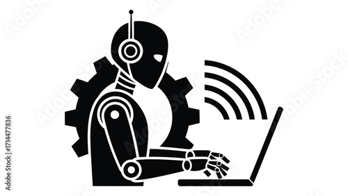 robot working on laptop with wifi signal and gear isolated on white background
