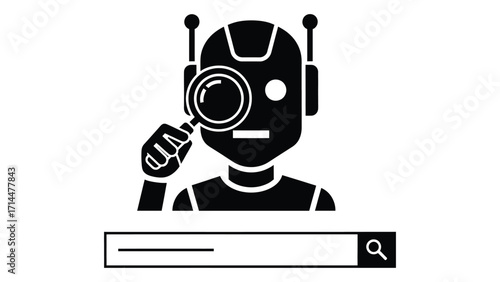 Robot with magnifying glass over search bar isolated on white background