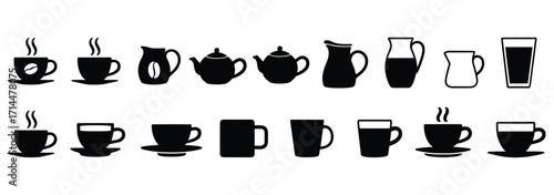 WebElegant black and white coffee and tea icon set for your creative design projects, featuring cups, mugs, teapots, and pitchers perfect for menus, branding, and social media posts