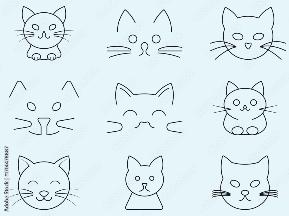 Fototapeta minimalist cat and kitten faces. editable stroke, linear feline character, simple linear icons for logo, web, or app design