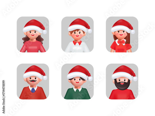 3d character illustration people in Christmas hat 3D rendering. Cartoon close up portrait of Santa Claus. 3D Christmas avatar