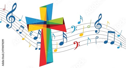 Creative music style template with colorful cross, music staff, and notes. Religion-themed design for gospel church music, choir singing, prayer, and Christian concerts. Inspires worship through sound