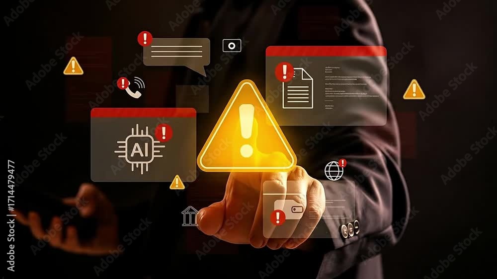 Cybersecurity Warning System: Man touches virtual interface with AI ...