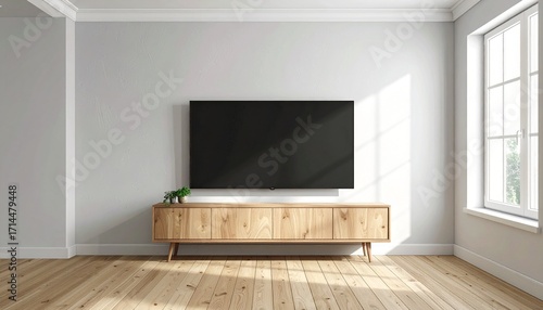 Flat 43-inch TV, green screen, positioned in the corner of a minimalist studio room