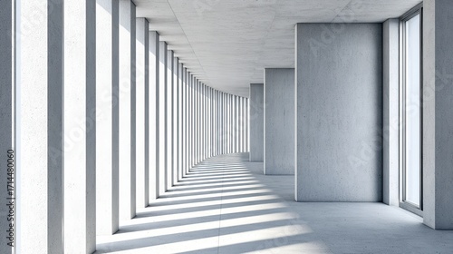 Modern concrete hall with tall columns and glowing windows, embodying minimalist elegance and serene spaciousness