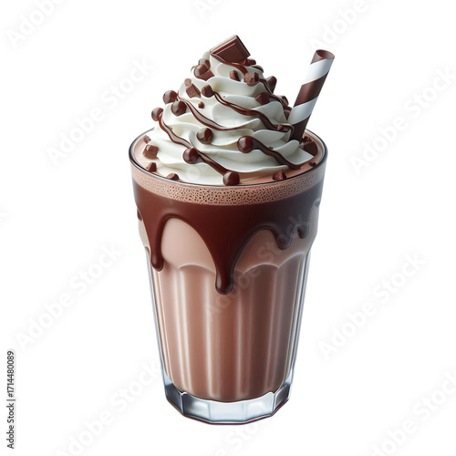 Delicious chocolate milkshake in a tall glass, topped with whipped cream and chocolate drizzle. Milkshake