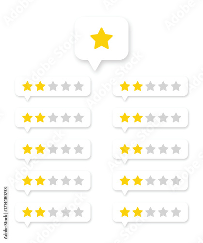 Set of star-rating speech-bubble icons, low-to-mid review bars with 1–2 stars, flat vector UI badges for customer feedback, product reviews, website and app ratings, dashboards and surveys.