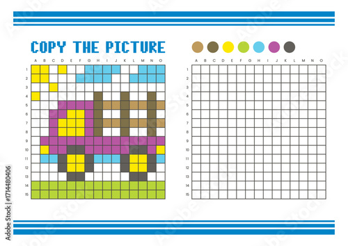 Copy the picture grid drawing worksheet for kids. Pixel art stake truck