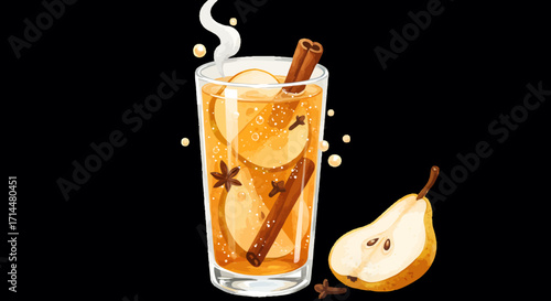 Close-up studio shot of a pear-cinnamon spiced drink in a tall glass with warm, autumnal colors against a black background, featuring steam and floating spices.