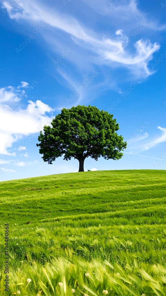 Obraz premium Lush green field with lone tree under a vibrant blue sky