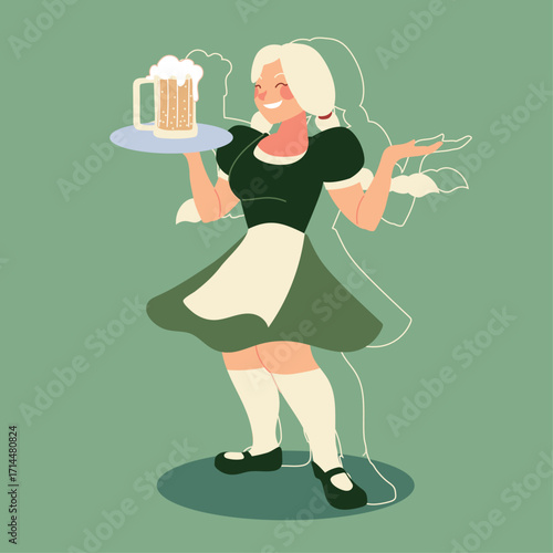 Charming vector illustration of a smiling blonde Bavarian waitress in a traditional dirndl holding a frothy beer mug on a tray during an Oktoberfest celebration
