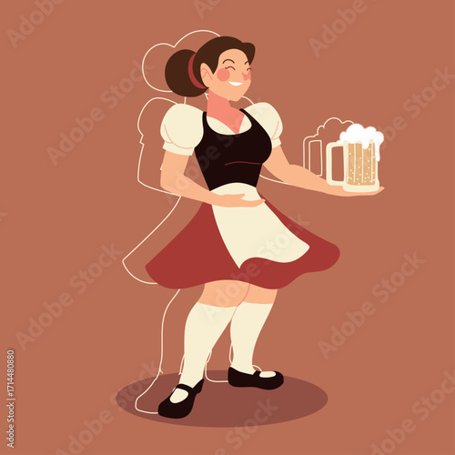 Charming vector illustration of a smiling Bavarian waitress in a traditional dirndl holding a frothy beer mug during an Oktoberfest celebration
