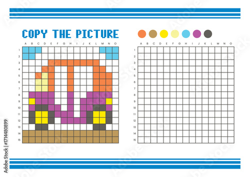 Copy the picture grid drawing worksheet for kids. Pixel art auto rickshaw