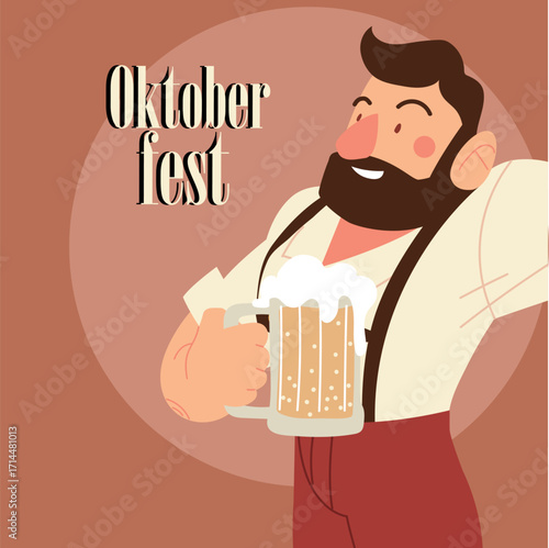 Happy Bearded Man Holding Frothy Beer Mug at Oktoberfest Festival in Flat Vector Illustration