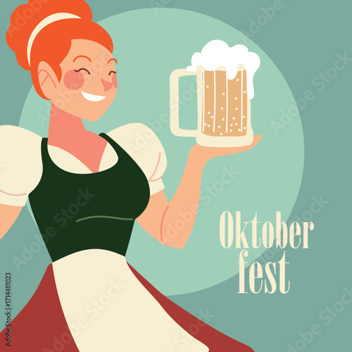 Smiling Bavarian Waitress in Traditional Dirndl Holding Frothy Beer Mug at Oktoberfest Festival in Flat Vector Illustration