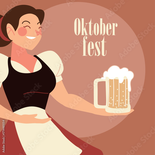 Cheerful Bavarian Waitress in Traditional Dirndl Serving Frothy Beer Mug at Oktoberfest Festival in Flat Vector Illustration