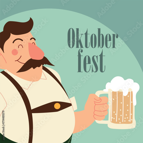 Smiling Mustached Man in Traditional Bavarian Lederhosen Holding Frothy Beer Mug at Oktoberfest Festival in Flat Vector Illustration