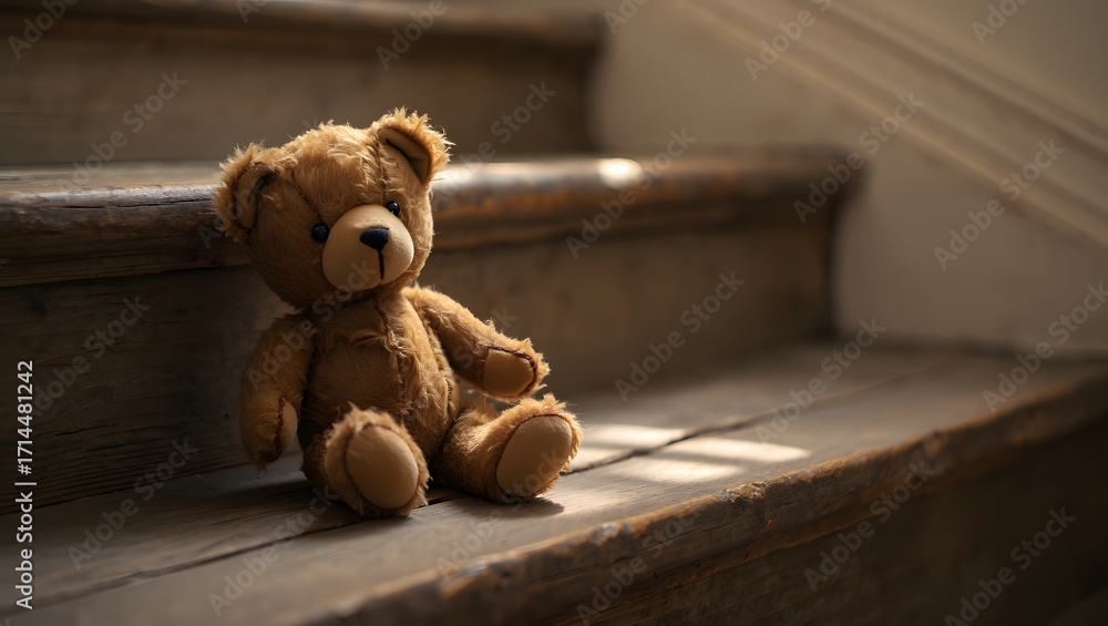 Obraz premium Sentimental Worn Teddy Bear Sitting on Rustic Wooden Stairs, Soft Light, Melancholic Mood