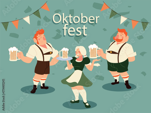Colorful Vector Illustration of Oktoberfest Celebration with Characters in Traditional Bavarian Costumes Holding Beer Mugs