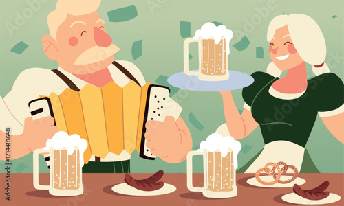 Vector Illustration of Oktoberfest Celebration with Accordion Player, Waitress, Beer Mugs, Pretzels, and Sausages