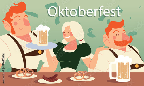 Vector Illustration of Oktoberfest Celebration with Waitress, Beer Mugs, Pretzels, and Sausages in Bavarian Style