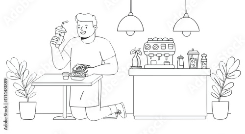 A happy man enjoys a refreshing beverage and a snack at a cafe, with a coffee machine and plants in the background