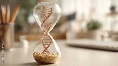 DNA double helix made of sand-like particles inside an hourglass, symbolizing genetic time and biological aging.