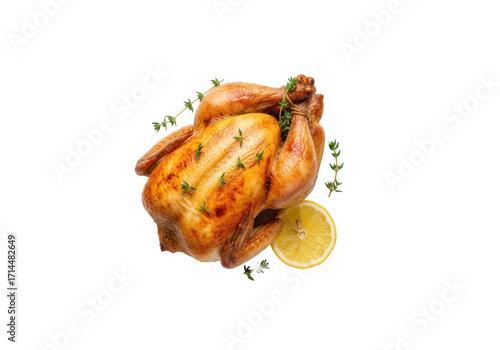 Expertly roasted golden-brown Cornish hen, crispy skin, thyme, lemon, on a white plate, isolated on a transparent background, 45-degree overhead view, appetizing gourmet food concept
